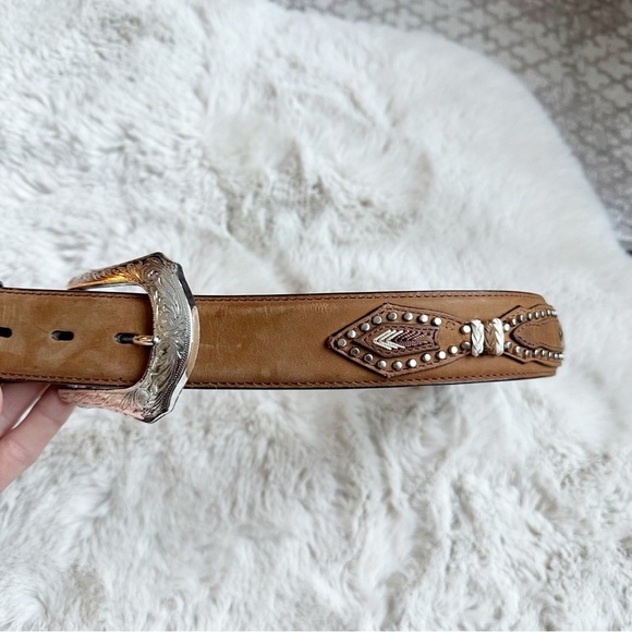 3-D Western Men’s 44 Brown Leather Studded Braided Belt Silver Buckle - Picture 4 of 9